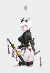 1girl aqua_eyes arm_guards armor artist_name ass black_hairband black_leotard bodystocking breasts brown_thighhighs clothes_writing commentary_request copyright_request cropped_legs female_focus fingerless_gloves from_behind gloves hair_between_eyes hairband highleg highleg_leotard highres holding holding_sword holding_weapon leotard looking_at_viewer looking_back medium_breasts parted_lips rabbit_girl rabbit_tail sheath sheathed short_hair shoulder_armor signature solo sword tail tassel thighhighs weapon white_gloves white_hair wookyung