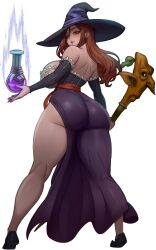 1girl absurdres ass back bare_shoulders bartondh black_hat breasts brown_eyes clenched_hand collarbone curvy detached_sleeves dragon&#039;s_crown female_focus flask full_body hair_between_eyes hair_over_shoulder hat highres holding holding_potion holding_staff huge_ass huge_breasts kneepits legs_apart light_blush light_smile long_hair looking_at_object looking_back parted_lips potion purple_shoes purple_skirt red_eyes red_hair red_sash sash shiny_skin shoes side_slit sideboob simple_background skirt solo sorceress_(dragon&#039;s_crown) staff standing straight_hair taut_clothes thighs tiptoes white_background wide_hips witch_hat