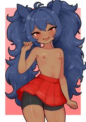 1girl bike_shorts blue_hair blush breasts dark-skinned_female dark_skin fang female_focus highres humotaru loli long_hair nipples original red_eyes red_skirt skin_fang skirt small_breasts solo topless_female