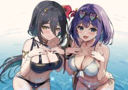 Rule 34 | 2girls, bikini, black bikini, black hair, breasts, cleavage, collarbone, commentary, cowboy shot, eyewear on head, front-tie bikini top, front-tie top, hair between eyes, heart, heart-shaped eyewear, leaning forward, low ponytail, misora (princess connect!), multi-strapped bikini bottom, multiple girls, ponytail, princess connect!, purple hair, ranpha (princess connect!), short hair, side-tie bikini bottom, smile, sunglasses, suwampu, swimsuit, yellow eyes