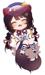 1girl ^_^ animal_ears beret blue_gloves blue_hat blue_skirt blush boots braid brown_hair brown_tail chibi closed_eyes commentary_request crown_hat_ornament dog_ears dog_girl dog_tail fangs flower frilled_skirt frills full_body gloves hair_flower hair_ornament hair_ribbon hands_up hat inui_toko jacket long_hair low_twin_braids miniskirt neck_ribbon nijisanji open_mouth purple_ribbon ribbon sanbaka_anniversary_outfit shigure_(sigre) short_sleeves simple_background single_wrist_cuff skirt smile solo tail twin_braids very_long_hair virtual_youtuber white_background white_boots white_jacket white_wrist_cuffs wrist_cuffs wrist_ribbon