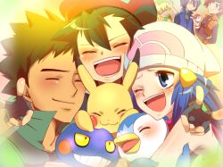 2girls 4boys ash_ketchum barry_(pokemon) black_eyes black_hair blonde_hair blue_eyes blue_hair blush breasts brock_(pokemon) brown_hair closed_eyes closed_mouth colored_sclera commentary croagunk dawn_(pokemon) fingerless_gloves gen_1_pokemon gen_4_pokemon gloves hair_ornament hairclip hat jacket long_hair multiple_boys multiple_girls nekonekopunyann nintendo open_mouth paul_(pokemon) pikachu piplup poke_ball poke_ball_(basic) pokemon pokemon_(anime) pokemon_(creature) pokemon_dppt_(anime) purple_hair red_hair scarf smile v yellow_sclera zoey_(pokemon)