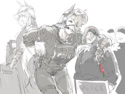 2girls alternate_costume alternate_size animal_ears arm_around_shoulder ballistic_shield bridle carrot commentary_request ear_covers face_shield gloves gold_ship_(umamusume) greyscale hand_on_own_hip height_difference helmet highres horse_ears horse_girl horse_tail leaning_on_person mejiro_mcqueen_(umamusume) monochrome multiple_girls osakana_(denpa_yun&#039;yun) police police_uniform policewoman riot_police school_uniform shield size_difference sketch spot_color sweatdrop tail tall_female teamwork tongue tongue_out umamusume white_hair