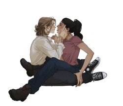 Rule 34 | 2girls, arm tattoo, black hair, black pants, black shoes, blue pants, brown hair, commentary, dina (the last of us 2), ellie (the last of us), english commentary, full body, half updo, highres, long hair, long sleeves, marceline2174, medium hair, multiple girls, pants, pink shirt, ponytail, shirt, shoes, short sleeves, simple background, sitting, sitting on lap, sitting on person, smile, tattoo, the last of us (series), the last of us 2, tongue, tongue out, white background, white shirt