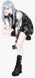 1girl absurdres aegyo_sal belt_boots black_boots black_jacket black_shorts blue_hair boots cellphone closed_mouth earrings eyelashes floral_print full_body grey_background grey_eyes hand_on_own_chin head_rest highres holding holding_phone jacket jewelry knee_boots leaning_forward lipstick long_hair long_sleeves looking_at_viewer makeup mano_aaa original phone platform_boots print_jacket red_lips shorts simple_background smartphone solo standing standing_on_one_leg stud_earrings sukajan tachi-e
