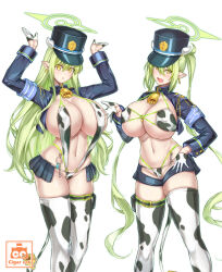 2girls adapted_costume aged_up animal_print arms_up bell bikini blue_archive blush breasts cigar_cat cow_girl cow_horns cow_print cow_print_bikini cow_print_gloves cow_print_thighhighs cow_tail cowbell demon_tail gloves green_hair green_halo halo hat highres hikari_(blue_archive) horns huge_breasts long_hair looking_at_viewer multiple_girls nozomi_(blue_archive) open_mouth peaked_cap pointy_ears print_bikini print_gloves print_thighhighs revealing_clothes shrug_(clothing) siblings sisters slingshot_swimsuit swimsuit tail thighhighs twintails yellow_eyes