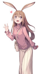 1girl :d animal_ears artworks/80436175 bag blush breasts brown_hair casual commentary handbag jewelry leaning_forward long_hair long_skirt long_sleeves looking_at_viewer necklace open_mouth original pink_sweater pleated_skirt purple_eyes rabbit_ears rabbit_girl ribbed_sweater saiste shoulder_bag skirt sleeves_past_wrists small_breasts smile solo sweater turtleneck turtleneck_sweater waving white_background white_skirt