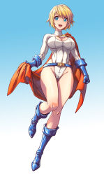 Rule 34 | 1girl, :d, absurdres, belt, blonde hair, blue background, blue boots, blue eyes, blue gloves, boots, breasts, cape, dc comics, fish.boy, full body, gloves, gradient background, highleg, highleg leotard, highres, large breasts, leotard, looking at viewer, open mouth, power girl, short hair, smile, solo, superhero costume, superman (series), teeth, two-tone background, upper teeth only, very short hair, white background, white leotard