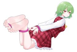 1girl absurdres arms_behind_back barefoot bdsm bondage bound bound_legs feet green_hair highres kazami_yuuka long_sleeves looking_at_viewer looking_back red_eyes red_rope red_vest restrained rope shibari short_hair smile soles toes touhou vest wl217_(nicexa111)