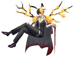 1boy absurdres alternate_costume animal_ears black_hair black_pants black_shoes black_vest blood blood_on_clothes coat coat_on_shoulders collared_shirt cup e.g.o_(project_moon) flower flower_over_eye full_body grey_coat highres holding holding_cup limbus_company long_sleeves looking_at_viewer male_focus pants plant_wings project_moon rabbit_ears ribbon shirt shoes short_hair simple_background sitting solo spicebush_(e.g.o) spilling vest white_background white_shirt wings yellow_eyes yellow_flower yellow_ribbon yi_sang_(project_moon) zero_letter
