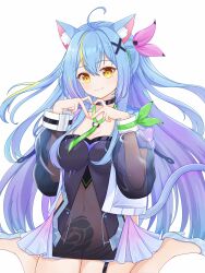1girl absurdres ahoge animal bad_tag breasts cat cleavage cybermyth dress fluff heart highres jacket quality rebellion_godsoul ribbon see-through_clothes sitting smile solo streaked tail virtual wariza x