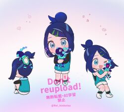 1girl ;d black_shirt black_socks blue_eyes blush chibi chibi_only commentary_request eyelashes hair_bun hair_ornament hairclip happy holding holding_pokemon liko_(pokemon) multiple_views nintendo on_head one_eye_closed open_mouth pokemon pokemon_(anime) pokemon_(creature) pokemon_horizons pokemon_on_head rei_hinketsu shirt shoes shorts sitting smile socks standing swept_bangs terapagos twitter_username vest watermark white_shoes white_shorts