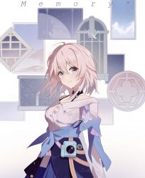 1girl absurdres acorn arms_at_sides badge black_choker black_corset blue_eyes blue_jacket blue_skirt blush breasts button_badge buttons camera chinese_commentary choker commentary_request corset dress_shirt earrings english_text flower_ornament glint highres honkai:_star_rail honkai_(series) jacket jewelry long_sleeves looking_at_viewer march_7th_(honkai:_star_rail) march_7th_(preservation)_(honkai:_star_rail) medium_breasts medium_hair multicolored_eyes pink_eyes pink_hair pleated_skirt shirt single_earring skirt solo tied_jacket two-tone_eyes underbust upper_body weishengshu_eko white_shirt