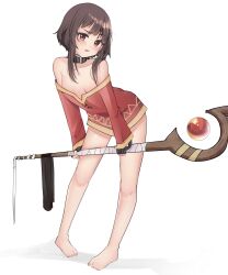 1girl bare_shoulders barefoot belt_collar black_collar black_gloves black_thighhighs blush breasts brown_hair collar collarbone dot_nose dress eyebrows_hidden_by_hair female_focus fingerless_gloves full_body gloves holding holding_staff kono_subarashii_sekai_ni_shukufuku_wo! leaning_forward long_sleeves meemz_a megumin nail_polish off-shoulder_dress off_shoulder open_mouth petite red_dress red_eyes red_nails short_hair_with_long_locks simple_background small_breasts solo staff thighhighs toenail_polish toenails toes two-tone_dress unworn_thighhighs white_background yellow_dress