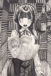 1girl :d bad_tag blunt_bangs blush book bookshelf breasts collared_shirt greyscale hatching_(texture) headphones highres hirune_(imomonono) holding holding_book indoors large_breasts long_hair long_sleeves looking_at_viewer microphone monochrome neck_ribbon open_book open_mouth original pleated_skirt ribbon shirt shirt_tucked_in skirt smile solo teeth traditional_media