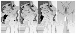 1girl 4koma absurdres alternate_hairstyle between_legs black_hair blunt_bangs book bow breasts breasts_squeezed_together cardcaptor_sakura chair choker clitoral_hood comic couch cowboy_shot daidouji_tomoyo desk dress dressing female_focus female_masturbation female_pubic_hair garter_belt garter_straps gluteal_fold greyscale hair_ribbon hand_between_legs hands_up highres indoors jewelry lace-trimmed_garter_belt lace_garter_belt lace_trim loli long_hair looking_at_viewer looking_up masturbation monochrome multiple_views necklace nipple_stimulation nipple_tweak nipples plant potted_plant pubic_hair pussy recording revealing_clothes ribbon small_breasts spread_pussy spreading_own_pussy standing standing_on_one_leg star_(symbol) star_necklace thighhighs third-party_edit ukokkei uncensored unworn_clothes white_bow white_choker white_dress white_garter_straps white_ribbon white_thighhighs