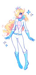 1girl absurdres belt biker_rosalina blonde_hair blue_eyes bodysuit boots breasts crown dizzyisdizzy earrings full_body gloves hair_over_one_eye highres jewelry long_hair mario_(series) mario_kart nintendo partially_unzipped rosalina scarf solo star_(symbol) star_earrings