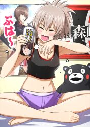 1girl alcohol barefoot bedroom beer black_shirt can closed_eyes commentary cropped_shirt emblem girls_und_panzer grey_hair hair_up highres holding holding_can indian_style indoors itsumi_erika kumamon kuromorimine_(emblem) kuromorimine_military_uniform loungewear medium_hair midriff motion_lines navel nishizumi_maho nishizumi_shiho omachi_(slabco) on_bed open_mouth ponytail poster_(object) puff_of_air purple_shorts shirt short_shorts shorts sitting sleeveless sleeveless_shirt smile solo stuffed_animal stuffed_toy teddy_bear translated