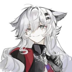 1girl animal_ears arknights bingbao black_jacket chinese_commentary commentary_request green_eyes hair_between_eyes highres jacket lappland_(arknights) lappland_the_decadenza_(arknights) long_hair looking_at_viewer orange_pupils portrait scar scar_across_eye scar_on_face simple_background sketch smile solo uneven_eyes white_background white_hair wolf_ears wolf_girl