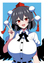 1girl absurdres black_bow black_hair black_wings blue_background bow breasts collared_shirt hat highres large_breasts light_blush open_mouth pointy_ears red_eyes shameimaru_aya shirt short_hair smile solo ssaf_seibeupail tokin_hat touhou upper_body v white_shirt wings