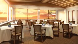 cutlery dining_room glowing highres horizon indoors mountainous_horizon no_humans non-web_source ocean official_art orange_light our_life:_beginnings_and_always palm_tree plant plate potted_plant restaurant scenery sunset table tile_floor tiles tree umbrella variant_set wall_lamp window window_light wooden_chair
