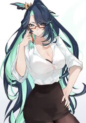 Rule 34 | 1girl, absurdres, alternate costume, aqua eyes, aqua eyeshadow, aqua lips, colored inner hair, earrings, eyeshadow, genshin impact, glasses, hair ornament, highres, inishie no tanaka, jewelry, makeup, multicolored hair, office lady, red-framed eyewear, semi-rimless eyewear, solo, tassel, tassel earrings, tassel hair ornament, two-tone hair, xianyun (genshin impact)