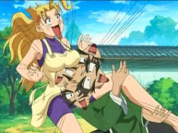 00s 10s 1boy 1girl :d afterimage ahoge animated animated_gif anime_screenshot apron bald bare_shoulders black_hair bodysuit bouncing_breasts breast_rest breasts breasts_on_head building cloud day emphasis_lines eyebrows facial_hair floating_hair from_side furinji_miu fuurinji_miu goatee hair_ornament hairclip halterneck large_breasts leg_grab legs_apart long_hair long_sleeves lowres ma_kensei non-web_source open_mouth outdoors shijou_saikyou_no_deshi_ken&#039;ichi sky smile thick_eyebrows tree turtleneck unitard upper_body very_long_hair what wide-eyed