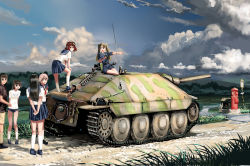 6+girls arms_behind_back black_buruma black_hair blonde_hair blue_eyes blue_footwear brown_eyes buruma camouflage cloud day dirt_road full_body glasses grass gun gym_uniform highres jagdpanzer_38(t) long_hair looking_at_another machine_gun mailbox military military_vehicle miniskirt motor_vehicle multiple_girls nogami_takeshi on_tank outdoors pants pigeon-toed pink_hair pointing red_eyes red_hair road road_sign school_uniform self-propelled_gun serafuku serafuku_to_juusensha shimada_kanon shirt shorts sign sitting skirt sky socks standing tank turretless_tank twintails weapon white_legwear y_youko_peiper yokozuwari