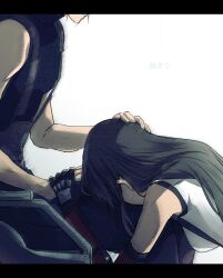 1boy 1girl bare_arms bare_shoulders black_gloves black_hair blonde_hair breasts cloud_strife commentary_request crop_top earrings facing_down final_fantasy final_fantasy_vii final_fantasy_vii_remake fingerless_gloves gloves hand_on_another&#039;s_head holding_hands jewelry long_hair medium_breasts ruka_ika simple_background single_earring sitting sleeveless sleeveless_turtleneck suspenders sweater tank_top tifa_lockhart turtleneck turtleneck_sweater wheelchair white_background white_tank_top