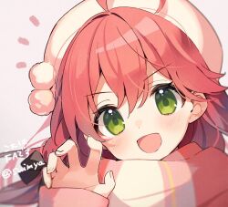1girl :d ahoge artist_name black_bow bow female_focus green_eyes hair_bow hat hololive japanese_text long_hair open_mouth pink_hair sakura_miko scarf simple_background smile solo suimya tagme