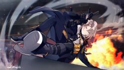 black_bodysuit black_gloves black_jacket black_pants bodysuit boots full_body gloves gun hair_ornament highres hood hooded_jacket jacket mineta_naoki pants sliding submachine_gun utility_vest vector_(girls&#039;_frontline) vector_(girls&#039;_frontline_2) vest war weapon white_boots white_hair white_vest yellow_eyes