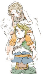 1boy 1girl bad_id bad_pixiv_id barefoot blonde_hair blue_eyes blush brown_hair capri_pants carrying ilia link nintendo pants shoulder_carry sketch the_legend_of_zelda the_legend_of_zelda:_twilight_princess yo_mo