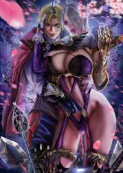 1boy 1girl blonde_hair breasts cleavage highres isabella_valentine large_breasts namco raphael_sorel revealing_clothes short_hair soul_calibur