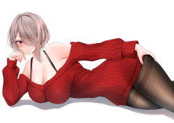 Rule 34 | 1girl, bare shoulders, black pantyhose, breasts, brown hair, cleavage, commentary request, dress, hair over one eye, highres, honkai (series), honkai impact 3rd, large breasts, looking at viewer, lying, match (scp115), mole, mole under eye, on side, pantyhose, red dress, red eyes, rita rossweisse, short hair, simple background, solo, sweater, sweater dress, white background