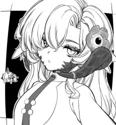 1girl :/ arisu_(614anemone) au_ra chibi chibi_inset final_fantasy final_fantasy_xiv flower greyscale hair_flower hair_ornament horns isekaijoucho kamitsubaki_studio long_hair looking_at_viewer monochrome multiple_views upper_body
