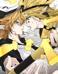 2boys absurdres aotu_world arrow_(symbol) battle black_hairband blonde_hair blood blood_on_face blue_eyes duel earrings eye_contact face-to-face facial_mark godrose_(aotu_world) hairband hat highres holding holding_weapon hood hoodie imminent_kiss jewelry kayu_(yukagoin) king_(aotu_world) looking_at_another male_focus multiple_boys open_mouth pointy_ears profile scarf shirt short_hair simple_background upper_body weapon white_background white_hoodie white_shirt yaoi yellow_eyes yellow_scarf