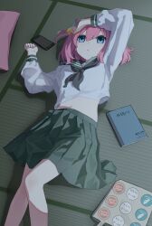 1girl absurdres alternate_hair_length alternate_hairstyle bag black_neckerchief blue_eyes bocchi_the_rock! book closed_mouth cube_hair_ornament dot_nose feet_out_of_frame gotoh_hitori green_sailor_collar green_skirt hair_between_eyes hair_ornament highres liago long_sleeves lying midriff navel neckerchief on_back phone pink_hair pleated_skirt sailor_collar school_uniform shirt skirt solo tote_bag white_shirt