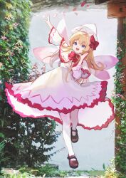 1girl :d absurdres aliaos arm_up black_shoes blonde_hair blue_eyes bow bowtie capelet chinese_commentary commentary_request dress fairy fairy_wings falling_petals flower flying frilled_capelet frilled_dress frills full_body garden grass hat highres leaf leg_up lily_white long_hair long_sleeves mary_janes midair open_mouth outdoors pantyhose petals plant pointy_hat red_bow red_bowtie shoes smile solo teeth touhou upper_teeth_only very_long_hair white_capelet white_dress white_hat white_pantyhose wide_sleeves wings