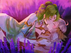 Rule 34 | 2girls, absurdres, ahoge, armor, black gloves, blonde hair, cape, capelet, circlet, closed eyes, collarbone, commission, commissioner upload, cuddling, field, fingerless gloves, fire emblem, fire emblem: the sacred stones, fire emblem fates, fire emblem heroes, flower, flower field, fusenryo, gloves, gold cape, green cape, green hair, highres, kiss, l&#039;arachel (fire emblem), lavender (flower), long hair, multiple girls, nintendo, ophelia (fire emblem), short hair, shoulder armor, skeb commission, twintails, white gloves, yuri