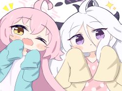 2girls black_halo black_horns blue_archive blue_jacket blush_stickers chibi closed_mouth grey_hair hair_between_eyes halo hands_up hina_(blue_archive) hina_(pajamas)_(blue_archive) horns hoshino_(blue_archive) jacket light_frown long_hair long_sleeves looking_at_viewer multiple_girls no_nose one_eye_closed open_clothes open_jacket open_mouth pink_hair pink_halo pink_shirt polka_dot polka_dot_shirt purple_eyes shirt sleeves_past_fingers sleeves_past_wrists sparkle umihio upper_body very_long_hair white_shirt yellow_eyes