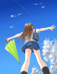 1girl bird black_socks blue_skirt blue_sky brown_hair closed_umbrella cloud commentary_request contrail day feet_out_of_frame from_behind from_below green_umbrella holding holding_umbrella hoshi_iro_enpitu long_hair original outdoors pleated_skirt shirt short_sleeves skirt sky socks solo standing umbrella white_shirt