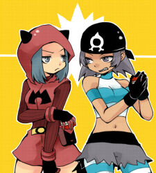 2girls bandana black_bandana closed_mouth grey_eyes grey_skirt holding holding_poke_ball hood hood_up looking_at_another midriff multiple_girls navel nintendo poke_ball poke_ball_(basic) pokemon pokemon_oras red_skirt sharp_teeth short_hair skirt team_aqua_grunt team_magma_grunt teeth yellow_background yoya_torisan