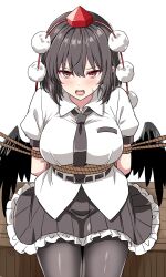 1girl absurdres arms_behind_back bdsm belt bird_wings black_pantyhose black_skirt black_wings blush bondage bound breasts brown_hair collared_shirt commentary english_commentary frilled_skirt frills hat highres large_breasts looking_at_viewer medium_hair open_mouth pantyhose pom_pom_(clothes) red_eyes red_hat restrained rise_(rise19851203) rope shameimaru_aya shirt simple_background sitting skirt solo sweatdrop tokin_hat touhou white_background white_shirt wings