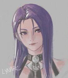 1girl alternate_hairstyle artist_name bare_shoulders choker collarbone fire_emblem fire_emblem:_three_houses grey_background highres long_hair lynarc nintendo portrait purple_eyes shamir_nevrand simple_background smile solo
