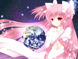 10s 1girl absurdres asazuki_kanai bad_id bad_pixiv_id earth_(planet) female_focus gloves highres kanai_amachi kaname_madoka long_hair mahou_shoujo_madoka_magica mahou_shoujo_madoka_magica_(anime) pink_eyes pink_hair planet solo space spoilers ultimate_madoka