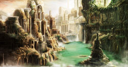arch city cityscape dam fantasy lake no_humans original overgrown plant_roots radram ruins scenery spire tower water waterfall