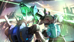 beam building cloud cloudy_sky damaged english_text episode_title gundam gundam_aerial gundam_suisei_no_majo headshot mecha michaelis_(mobile_suit) mobile_suit no_humans one-eyed pixiv_id pixiv_logo purple_eyes robot ruins serike_w signature sky twitter_logo twitter_username v-fin