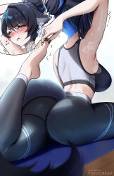 1girl ass barefoot black_nails blue_hair blush closed_eyes closed_mouth duplicate feet highres nail_polish original reiko_(tofuubear) simple_background toenail_polish toenails toes tofuubear white_background yoga