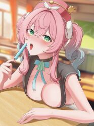 1girl absurdres alternate_breast_size aqua_bow aqua_bowtie aqua_eyes aqua_hair bow bowtie breast_press breasts chalkboard classroom cleavage commentary_request food green_eyes hat highres holding holding_food holding_popsicle honkai:_star_rail honkai_(series) hyacine_(honkai:_star_rail) indoors large_breasts looking_at_viewer medium_hair multicolored_hair open_mouth pink_hair popsicle red_hat saliva sexually_suggestive solo su_su_su tongue tongue_out twintails two-tone_hair