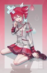 1girl ahoge ankle_boots ankle_socks arm_at_side bandaid bandaid_on_face black_boots black_sleeve_cuffs blush boots border bow buttons dame_ningen_da_(utau) double-breasted drill_hair full_body grey_background grey_jacket grey_skirt hair_between_eyes hair_ribbon hand_up highres index_finger_raised jacket juliet_sleeves kasane_teto kasane_teto_(sv) layered_skirt layered_sleeves long_sleeves musical_staff musical_staff_print nakatsuki_nktk open_mouth outside_border platform_boots puffy_sleeves red_border red_hair red_skirt red_socks red_trim ribbon shadow sitting skirt socks solo striped_clothes striped_jacket striped_skirt synthesizer_v twin_drills utau wariza white_bow white_ribbon